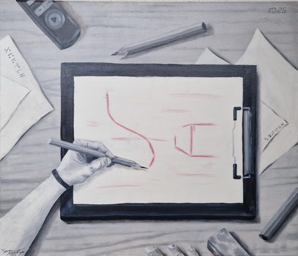 Sketchmaster, Oil and colored pencil on canvas, 70 x 60 cm, 2026