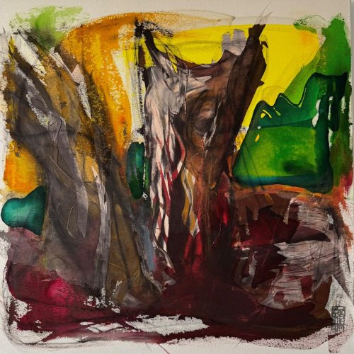 Magical forest - beautiful Switzerland, Oil pastels, ink, acrylic, 80 x 80 x 2 cm, 2026