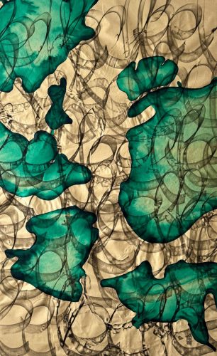 Green woods in Lappland - infinite expanse of the landscape - birds eye view, Ink, acrylic on raw canvas, 180 x 110 x 2 cm, 2026