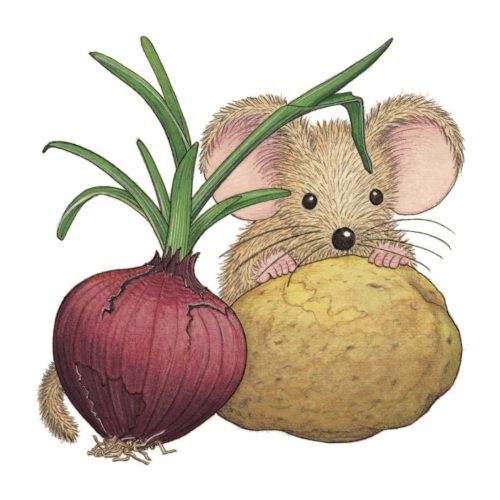 Maus mit Zwiebel, print of pencil paintings, 17,0 × 18,0 cm, 2026