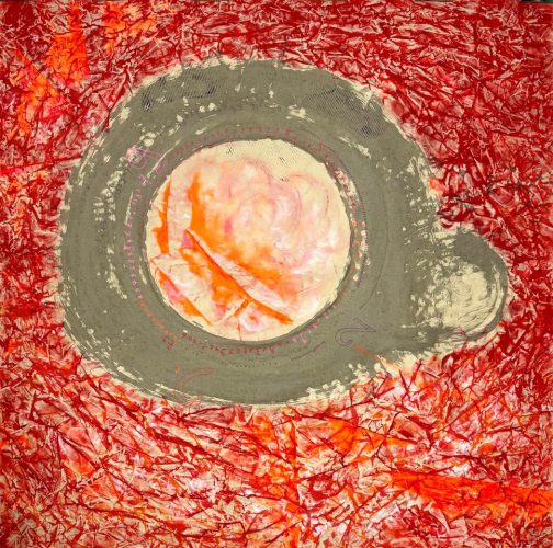Infinity -  circle and mathematical number Pi to 100 decimal places, Ink, acrylic on raw canvas, Canvas tapestry, 220 x 220 cm, 2026