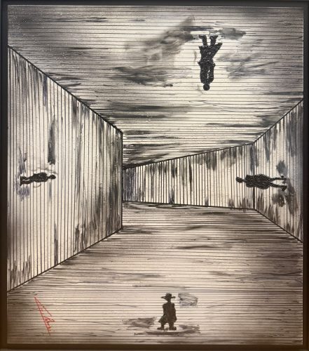 Sopra, V2A stainless steel, paint, acrylic paint, K2 spray paint, multiple layers of pencil, 59 x 74 cm, 2026