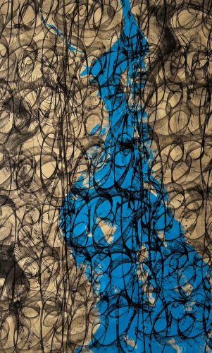 Wild river in Lappland - between mountains - infinite expanse of the landscape - birds eye view, Ink, charcoal, acrylic on raw canvas, 180 x 110 x 2 cm, 2026