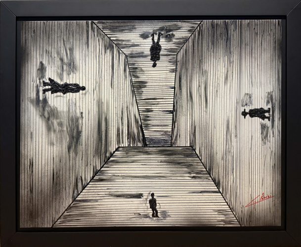 Sopra, V2A stainless steel, paint, acrylic paint, K2 spray paint, multiple layers of pencil, 59 x 74 cm, 2026