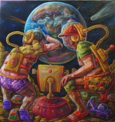©Horst Wagner-Two men looking at the Earth - Oil on Canvas - 170 x 160 cm - 2015